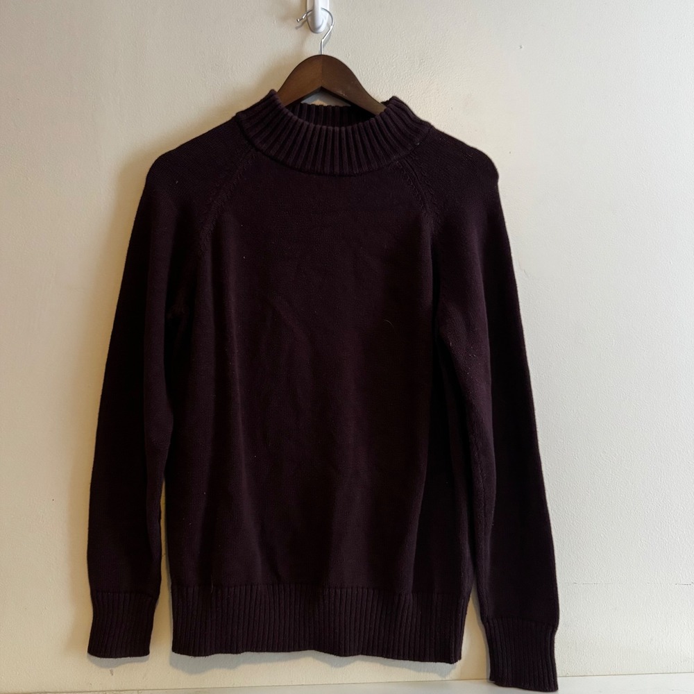 Women's Sz Lg Mock Neck Sweater Chocolate Brown 100% Cotton Fall Staples Layers